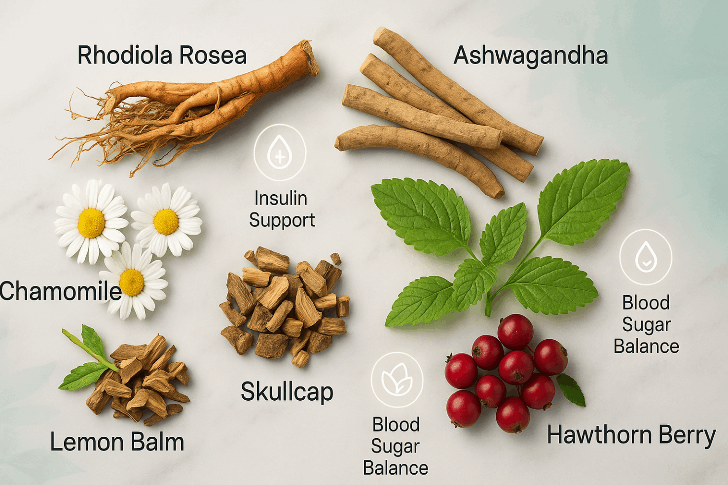 Gluco Shield Pro ingredient blend — Rhodiola Rosea, Bacopa Monnieri, Ashwagandha, Chamomile, Skullcap natural ingredient overview