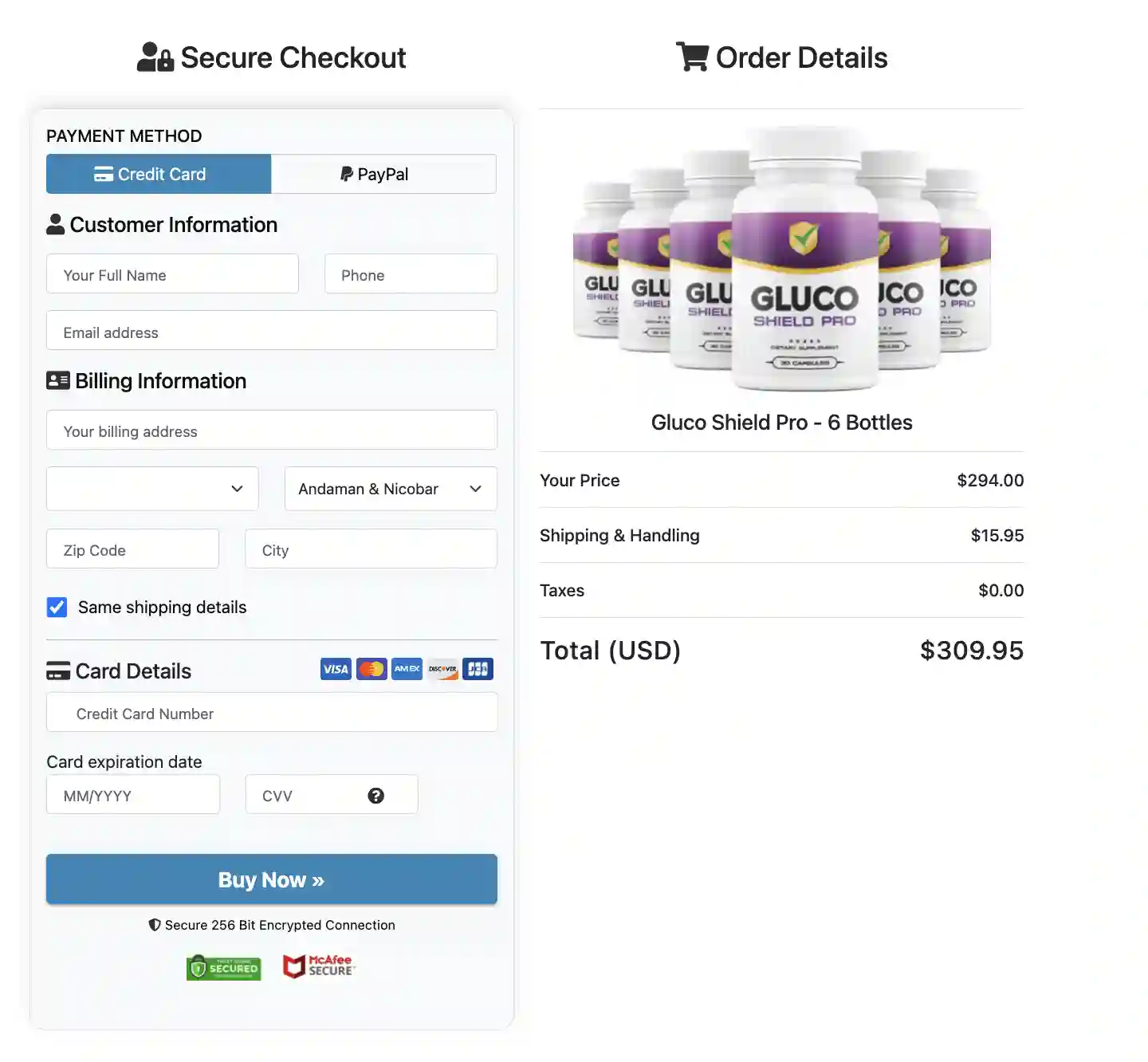 Gluco Shield Pro secure official checkout order page — ClickBank encrypted payment